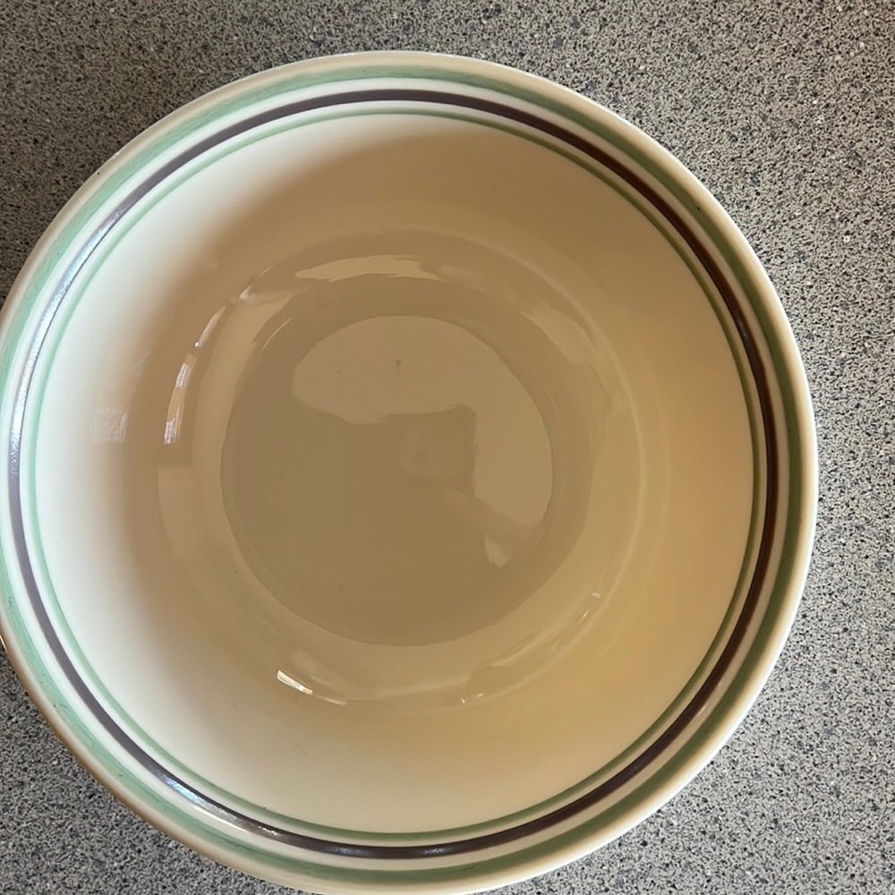 Corelle 6 3/4” Sandstone with 2 green and 1 purple band Soup/Cereal bowl